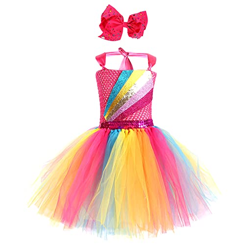 Kinder Jojo Siwa Kostüm Mädchen Prinzessin Halloween Cosplay Regenbogen Tütü Tüll Kleid mit Haarklammer für Geburtstagsfeier Fasching Karneval Mottoparty Weihnachten Verkleidung Rose + Gelb 10-12Jahre von FYMNSI