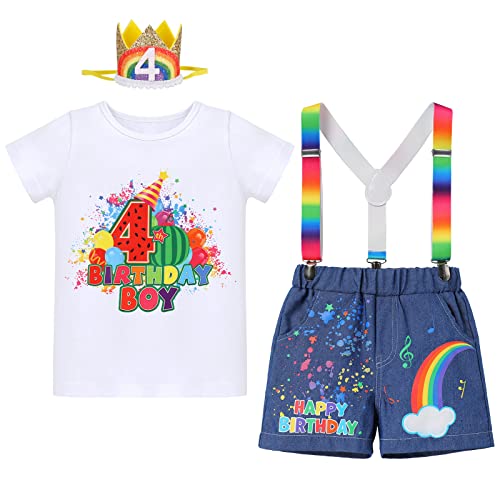 Kinder Jungen 4. Vierter Geburtstag Cake Smash Outfit Wassermelone Regenbogen Vier Jahre alt Party Fotoshooting Requisiten Baumwolle Kurzarm T-Shirt Hosenträger Denim Shorts Mini Krone Hut 4er Set von FYMNSI