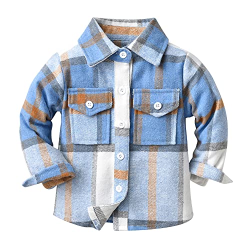 Kinder Jungen Flanell Plaid Shirt Kleinkind Baby Herbst Fr?ghling Hemd Jacke Button Down Langarm Kariertes Top Fleece Mantel Freizeithemd f?r Taufe Hochzeit Geburtstag Party Festliches Hellblau 8-9J von FYMNSI