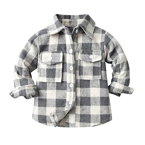 Kinder Jungen Flanell Plaid Shirt Kleinkinder Baby Herbst Fr?ghling Hemd Jacke Button Down Langarm Kariertes Tops Fleece Mantel Freizeithemd f?r Taufe Hochzeit Geburtstag Party Festliches Grau 12-18M von FYMNSI