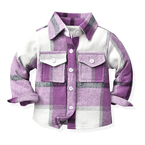 Kinder Jungen Flanell Plaid Shirt Kleinkinder Baby Herbst Fr?ghling Hemd Jacke Button Down Langarm Kariertes Tops Fleece Mantel Freizeithemd f?r Taufe Hochzeit Geburtstag Party Festliches Lila 5-6J von FYMNSI