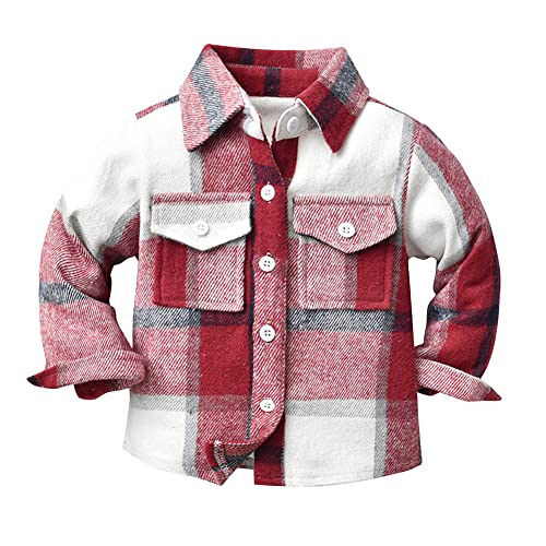 Kinder Jungen Flanell Plaid Shirt Kleinkinder Baby Herbst Fr?ghling Hemd Jacke Button Down Langarm Kariertes Tops Fleece Mantel Freizeithemd f?r Taufe Hochzeit Geburtstag Party Festliches Rot 12-18M von FYMNSI