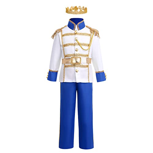 Kinder Jungen Königlicher Prinz Charming Kostüm Märchenprinz Mittelalterlichen König Kinderkostüm Jacke Top Hose Gürtel Krone Set Halloween Cosplay Karneval Party Verkleidung Königsblau 10-12 Jahre von FYMNSI