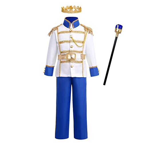 Kinder Jungen Königlicher Prinz Charming Kostüm Märchenprinz Mittelalterlichen König Kinderkostüm Jacke Top Hose Gürtel Krone Zepter Set Halloween Cosplay Karneval Party Verkleidung Königsblau 3-4J von FYMNSI