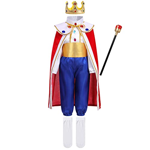 Kinder Jungen Königlicher Prinz Charming Kostüm Märchenprinz Mittelalterlichen König Kinderkostüm Top Hose Umhang Krone Zepter Socken Set Halloween Cosplay Karneval Party Verkleidung Königsblau 6-7J von FYMNSI