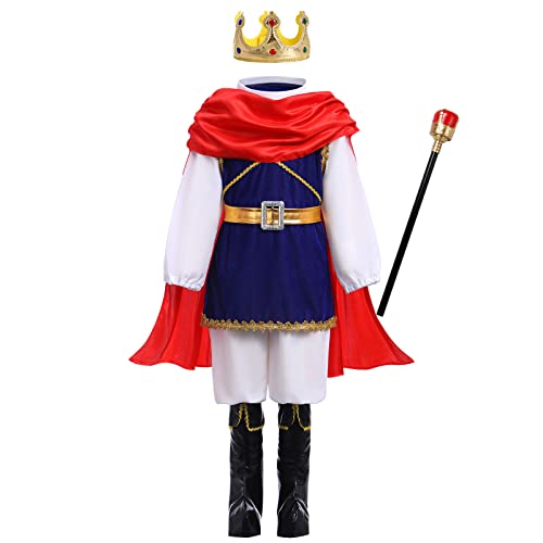 Kinder Jungen Königlicher Prinz Charming Kostüm Märchenprinz Mittelalterlichen König Kinderkostüm Top Hose Umhang Krone Zepter Überschuhe Set Halloween Cosplay Karneval Verkleidung Dunkelblau 10-11J von FYMNSI