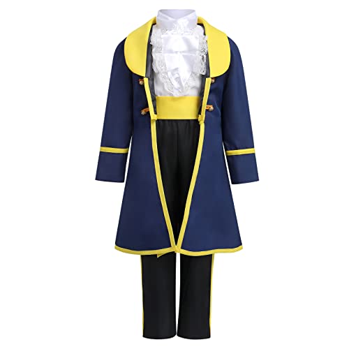 Kinder Jungen Prinz Märchen Kostüm Mittelalter König Königliches Die Schöne und das Biest Outfit für Halloween Karneval Cosplay Geburtstagsfeier Smoking Mantel Hemd Hosen Set Dunkelblau 4-6 Jahre von FYMNSI