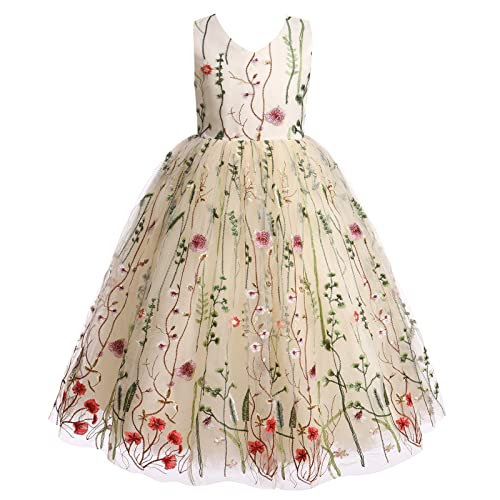 Kinder Lang Abendkleider Mädchen Blumen Stickerei Tutu Tüllkleid Ärmellos V-Ausschnitt Prinzessin Partykleid Maxikleid Festliches Festkleid Hochzeit Brautjungfer A-Linie Ballkleid Aprikose 4-5 Jahre von FYMNSI