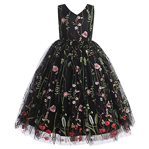 Kinder Lang Abendkleider Mädchen Blumen Stickerei Tutu Tüllkleid Ärmellos V-Ausschnitt Prinzessin Partykleid Maxikleid Festliches Festkleid Hochzeit Brautjungfer A-Linie Ballkleid Schwarz 4-5 Jahre von FYMNSI