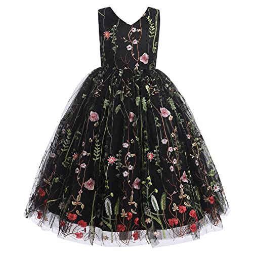 Kinder Lang Abendkleider Mädchen Blumen Stickerei Tutu Tüllkleid Ärmellos V-Ausschnitt Prinzessin Partykleid Maxikleid Festliches Festkleid Hochzeit Brautjungfer A-Linie Ballkleid Schwarz 7-8 Jahre von FYMNSI
