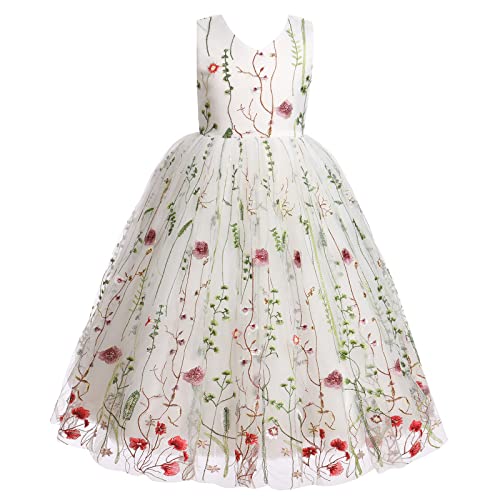 Kinder Lang Abendkleider Mädchen Blumen Stickerei Tutu Tüllkleid Ärmellos V-Ausschnitt Prinzessin Partykleid Maxikleid Festliches Festkleid Hochzeit Brautjungfer A-Linie Ballkleid Weiß 6-7 Jahre von FYMNSI