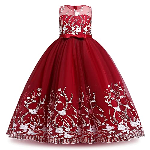 Kinder Langes Abendkleid Blumenmädchen Hochzeit Brautjungfern Maxikleid Prinzessin Tüll Tütü Geburtstag Partykleid Ärmellos Festliches Festkleid Ballkleid Erstkommunion Kleid Dunkelrot 11-12 Jahre von FYMNSI