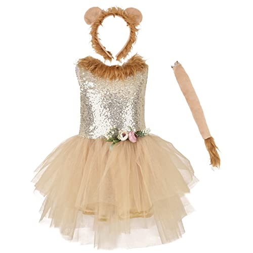 Kinder Löwenkostüm Tüll Tütü Kleid Schwanz Stirnband Set Mädchen Halloween Tier Kostüm Zubehör Tierkostüm Weihnachten Dschungel Party Cosplay Bühnenauftritt Karneval Fasching Verkleidung Löwe 6 Jahre von FYMNSI