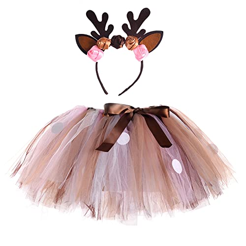 Kinder M?dchen Rentier Kost?m Weihnachtsoutfit Weihnachten Party Cosplay Prinzessin T?t? T?ll Kurzes Rock mit Stirnband 2tlg Outfit Fasching Karneval Verkleidung Geburtstag Set Kaffee Rentier 3-8J von FYMNSI