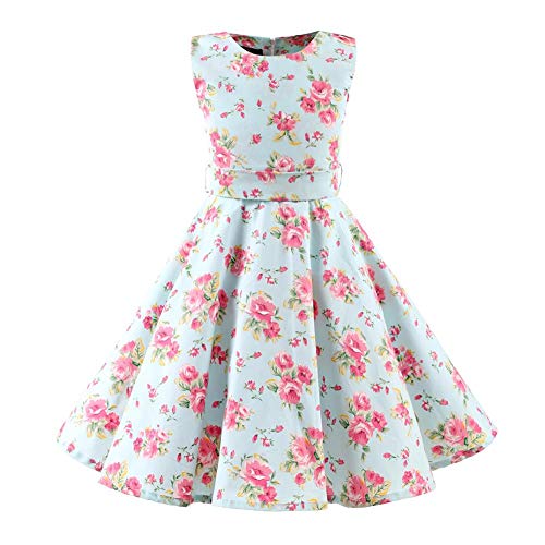 Kinder Mädchen 1950er Vintage Rockabilly Kleid Abendkleid Geburtstag Partykleider A-Linie Blumen Retro Cocktailkleid Faltenrock Knielang Festkleid Im 50er Jahre Stil Eisblau Blumenmuster 5-6 Jahre von FYMNSI