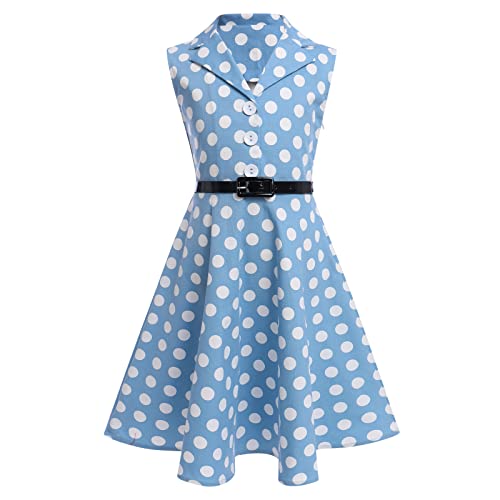 Kinder Mädchen 1950er Vintage Rockabilly Kleid Gepunktet Abendkleid Geburtstag Partykleid V-Ausschnitt A-Linie Cocktailkleid Im 50er Jahre Stil Faltenrock Knielang Festkleid mit Gürtel Blau 6-7J von FYMNSI