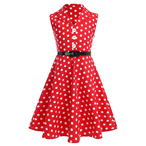 Kinder Mädchen 1950er Vintage Rockabilly Kleid Gepunktet Abendkleid Geburtstag Partykleid V-Ausschnitt A-Linie Cocktailkleid Im 50er Jahre Stil Faltenrock Knielang Festkleid mit Gürtel Rot 6-7J von FYMNSI