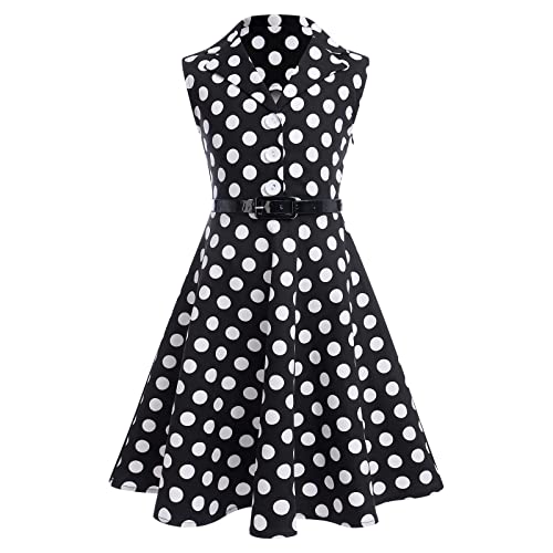 Kinder Mädchen 1950er Vintage Rockabilly Kleid Gepunktet Abendkleid Geburtstag Partykleid V-Ausschnitt A-Linie Cocktailkleid Im 50er Jahre Stil Faltenrock Knielang Festkleid mit Gürtel Schwarz 8-9J von FYMNSI