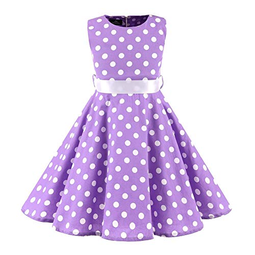 Kinder Mädchen 1950er Vintage Rockabilly Kleid Gepunktet Abendkleid Geburtstag Partykleider A-Linie Blumen Retro Cocktailkleid Faltenrock Knielang Festkleid Im 50er Jahre Stil Lila 7-8 Jahre von FYMNSI