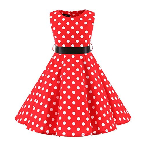 Kinder Mädchen 1950er Vintage Rockabilly Kleid Gepunktet Abendkleid Geburtstag Partykleider A-Linie Blumen Retro Cocktailkleid Faltenrock Knielang Festkleid Im 50er Jahre Stil Rot 7-8 Jahre von FYMNSI