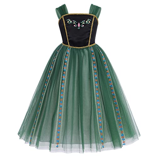 Kinder Mädchen Anna Kostüm Halloween Partykleid Prinzessin Eiskönigin 2 Schneekönigin Cosplay Kleid Weihnachten Tüll Maxikleid Abendkleid Fasching Karneval Ankleiden Verkleidung Dunkelgrün 7-8 Jahre von FYMNSI