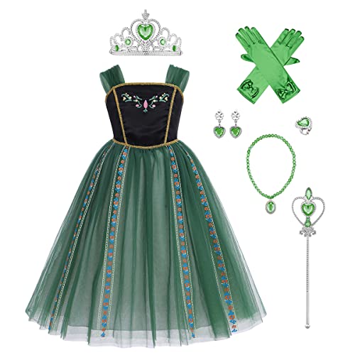 Kinder Mädchen Anna Kostüm Halloween Partykleid Prinzessin Eiskönigin 2 Schneekönigin Cosplay Kleid mit Zubehör Weihnachten Tüll Maxikleid Abendkleid Fasching Karneval Ankleiden Dunkelgrün 6-7 Jahre von FYMNSI