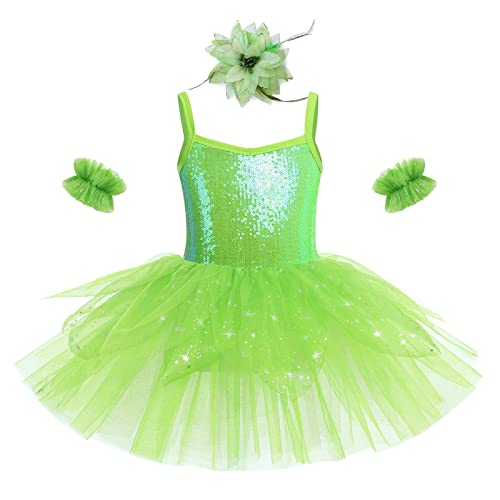 Kinder Mädchen Ballettkleid Tanzkleid Ballettanzug Pailletten Prinzessin Tütü Träger Ballett Kleider mit Armstulpen Blumen Haarklammer Kostüm Turnanzug Gymnastikanzug Tanzbody Grün 9-10 Jahre von FYMNSI