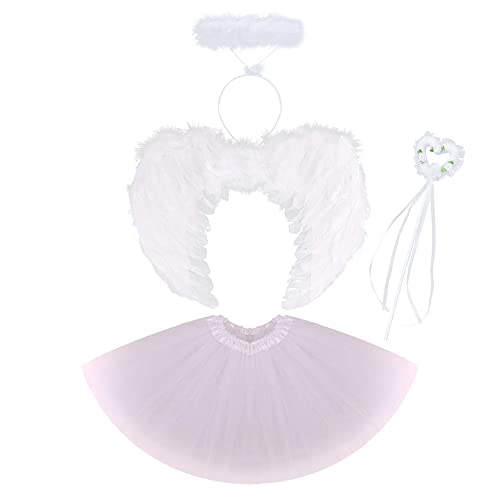 Kinder Mädchen Engel Kostüm Weiß Engelsflügel Feder Flügel Heiligenschein Prinzessin Tutu Tüll Rock und Zauberstab 4tlg Set Für Halloween Cosplay Weihnachten Fasching Karneval Verkleidung Weiß von FYMNSI