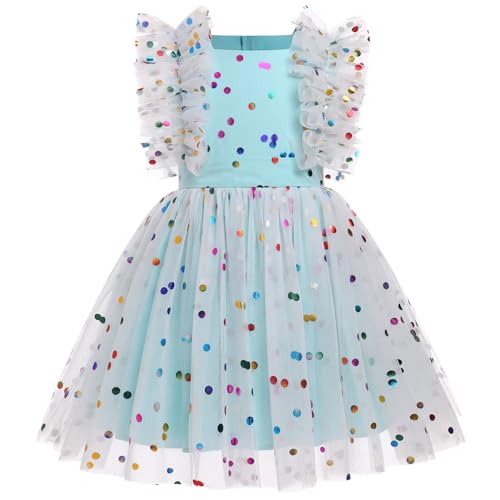 Kinder Mädchen Geburtstag Partykleid Prinzessin Festliches Kleid Hochzeit Kinder Rüschen Ärmellos Tüllkleid Einschulung Abendkleid Hochzeitskleid Blumenmädchenkleider Taufkleid Blau Gepunktet 4-5J von FYMNSI