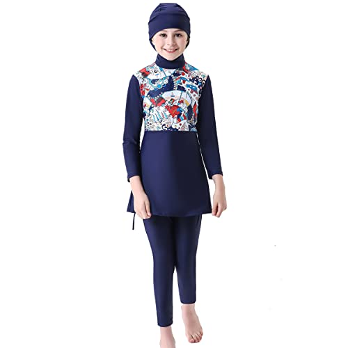 Kinder Mädchen Muslimischen Badeanzug Full Cover Badebekleidung Burkini Modest Islamischen Ganzkörper Hijab Langarm Top Hose Set Wassersport Surfen Outfit Bademode Schwimmanzug Dunkelblau 11-12 Jahre von FYMNSI