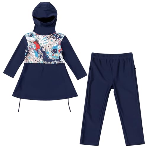 Kinder Mädchen Muslimischen Badeanzug Full Cover Badebekleidung Burkini Modest Islamischen Ganzkörper Hijab Langarm Top Hose Set Wassersport Surfen Outfit Bademode Schwimmanzug Dunkelblau 9-10 Jahre von FYMNSI