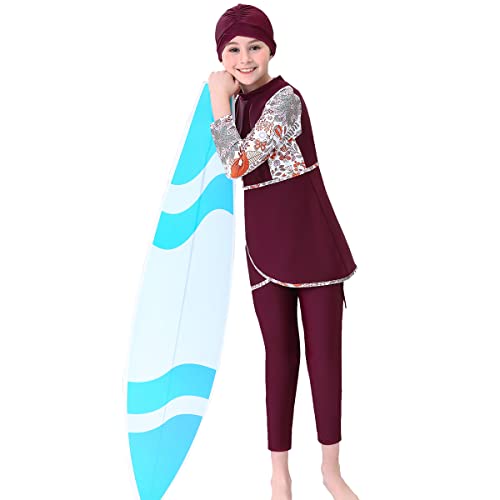 Kinder Mädchen Muslimischen Badeanzug Full Cover Badebekleidung Burkini Modest Islamischen Ganzkörper Hijab Langarm Top Hose Set Wassersport Surfen Outfit Bademode Schwimmanzug Weinrot 6-7 Jahre von FYMNSI