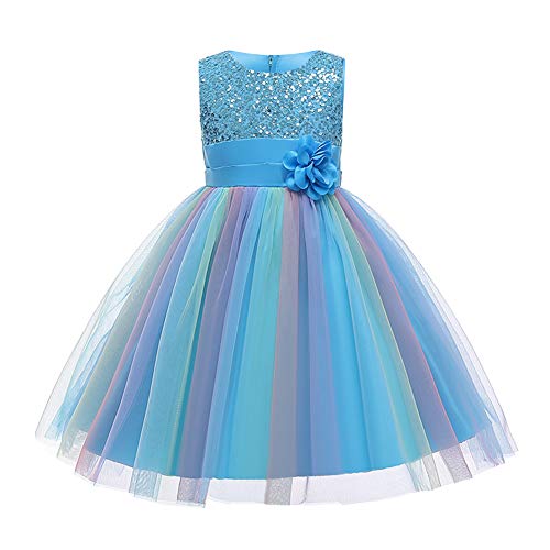 Kinder Mädchen Pailletten Kleid Blumenmädchen Regenbogen Tüllkleid Hochzeit Brautjungfer Tütü Prinzessin Kurzes Partykleid Kleinkinder Geburtstagskleid Ballkleid Ärmellos Sommerkleid Blau 4-5 Jahre von FYMNSI