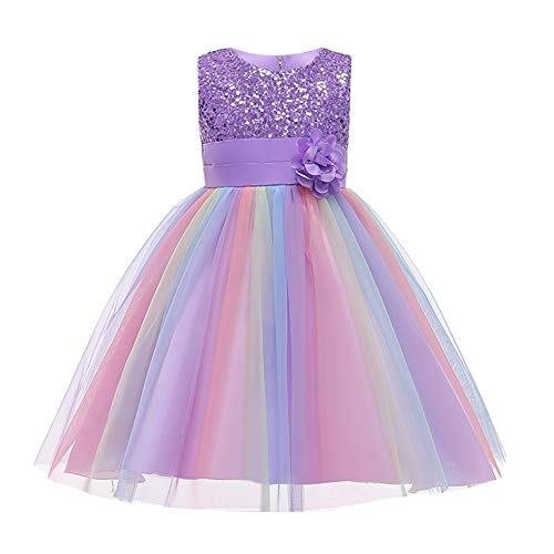 Kinder Mädchen Pailletten Kleid Blumenmädchen Regenbogen Tüllkleid Hochzeit Brautjungfer Tütü Prinzessin Kurzes Partykleid Kleinkinder Geburtstagskleid Ballkleid Ärmellos Sommerkleid Lila 6-7 Jahre von FYMNSI