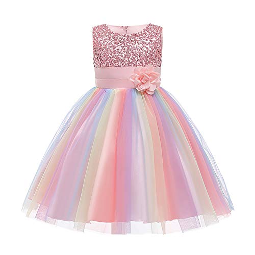 Kinder Mädchen Pailletten Kleid Blumenmädchen Regenbogen Tüllkleid Hochzeit Brautjungfer Tütü Prinzessin Kurzes Partykleid Kleinkinder Geburtstagskleid Ballkleid Ärmellos Sommerkleid Rosa 3-4 Jahre von FYMNSI