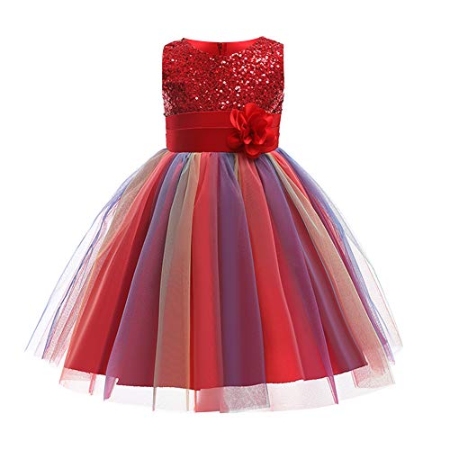 Kinder Mädchen Pailletten Kleid Blumenmädchen Regenbogen Tüllkleid Hochzeit Brautjungfer Tütü Prinzessin Kurzes Partykleid Kleinkinder Geburtstagskleid Ballkleid Ärmellos Sommerkleid Rot 4-5 Jahre von FYMNSI