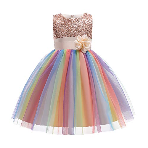 Kinder Mädchen Pailletten Kleid Blumenmädchen Regenbogen Tüllkleid Hochzeit Brautjungfer Tütü Prinzessin Partykleid Kleinkinder Geburtstagskleid Ballkleid Ärmellos Sommerkleid Champagner 4-5 Jahre von FYMNSI