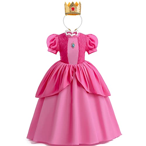 Kinder Mädchen Prinzessin Peach Kostüme Super Mario Halloween Party Cosplay Kurzarm Maxi Langes Kleid Mit Krone Stirnband Outfit Geburtstag Party Karneval Weihnachten Verkleidung Rose 9-10 Jahre von FYMNSI