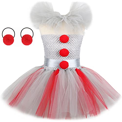 Kinder Pennywise Kost?m Halloween Cosplay Kleinkinder M?dchen Clown Costume Tutu T?ll Kleid mit Haarreifen Outfit Stephen Kings Es Horrorclown Fasching Karneval Verkleidung Grau + Rot 10-12 Jahre von FYMNSI