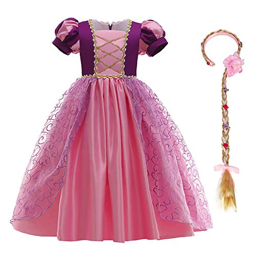 Kinder Prinzessin Sofia Kostüm Kleid Rapunzel Cosplay Mädchen Märchen Tüll Maxikleid mit Perücke Outfit Party Ankleiden Karneval Faschingkostüm Halloween Geburtstag Weihnachten Rosa + Lila 9-10 Jahre von FYMNSI