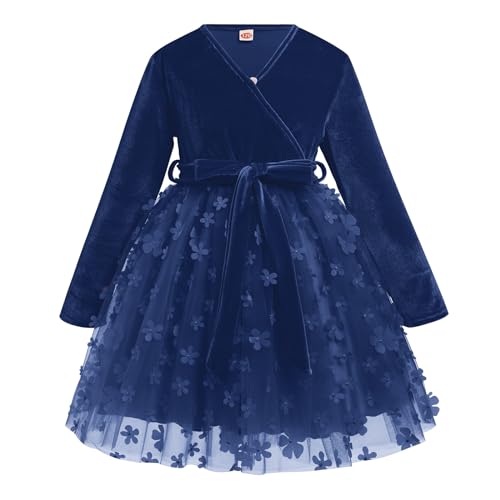 Kinder Samtkleid M�dchen Weihnachten Partykleid V-Ausschnitt A-Linie Prinzessin Festliches Festkleid Blumen T�t� T�llkleid Freizeit Herbstkleid Winter Hochzeitskleid mit G�rtel Dunkelblau 7-8J von FYMNSI