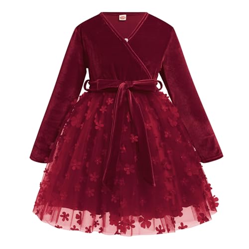 Kinder Samtkleid M�dchen Weihnachten Partykleid V-Ausschnitt A-Linie Prinzessin Festliches Festkleid Blumen T�t� T�llkleid Freizeit Herbstkleid Winter Hochzeitskleid mit G�rtel Weinrot 7-8 Jahre von FYMNSI