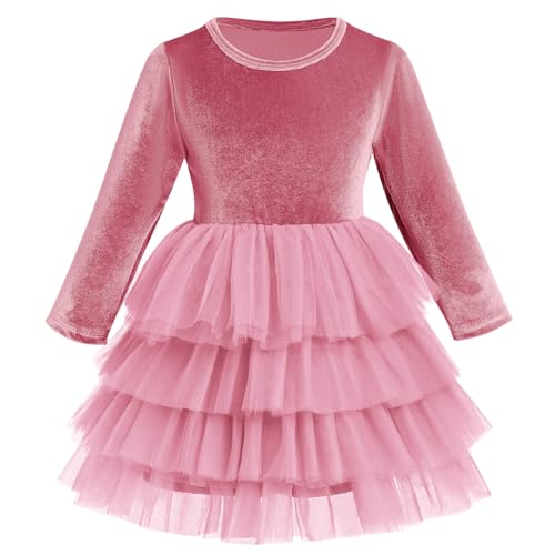 Kinder Samtkleid Mädchen Weihnachtskleid Weihnachten Partykleid Roundhals A-Linie Festliches Festkleid Prinzessin Tütü Tüllkleid Freizeit Herbstkleid Winter Hochzeitskleid Dunkelrosa 1-2 Jahre von FYMNSI