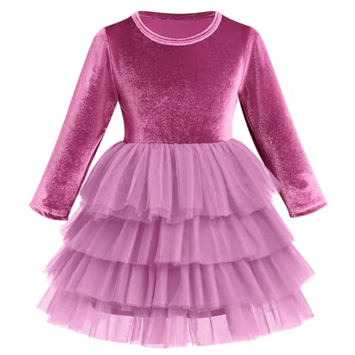 Kinder Samtkleid Mädchen Weihnachtskleid Weihnachten Partykleid Roundhals A-Linie Festliches Festkleid Prinzessin Tütü Tüllkleid Freizeit Herbstkleid Winter Hochzeitskleid Fuchsia 3-4 Jahre von FYMNSI