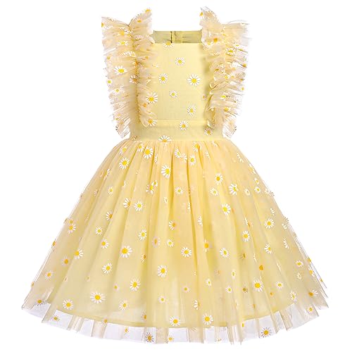 Kleider F?r M?dchen Prinzessin Festliches Kleid Blumenm?dchenkleider Hochzeit Kinderkleider Sommerkleid M?dchenkleider R?schen ?rmellos T?llkleid Einschulung Geburtstag Partykleid Gelb 4-5 Jahre von FYMNSI