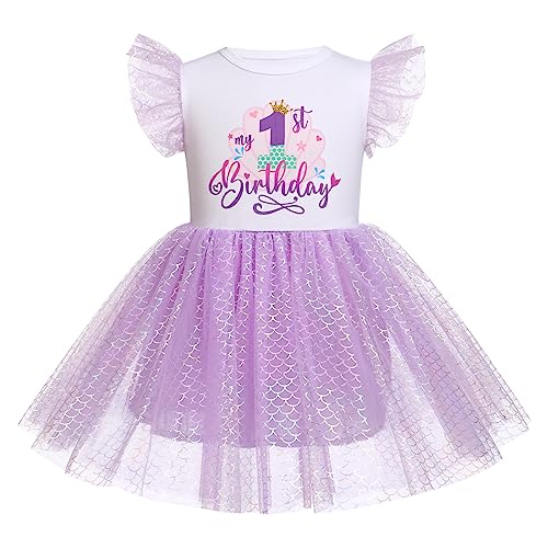 Kleine Meerjungfrau 1. Geburtstag Outfit f?r Baby M?dchen Erste 1 EIN Jahr Alt Partykleid Kleinkind Flatter?rmel A-Linie Prinzessin T?t? T?llkleid Festiches Festkleid Halloween Kost?m Lila 1 Jahr von FYMNSI