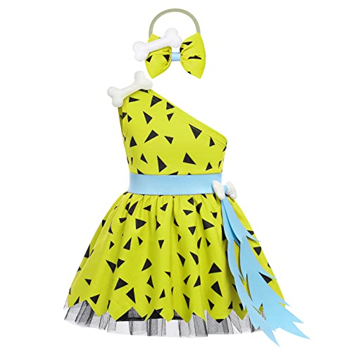 Kleinkind Baby Mädchen Kieselstein Flintstone Kostüm Historische Steinzeit Höhlenmädchen Halloween Carnival Cosplay Eine Schulter Kleid mit Bone Schleife Stirnband 1. Geburtstag Outfit Grün 2-3J von FYMNSI