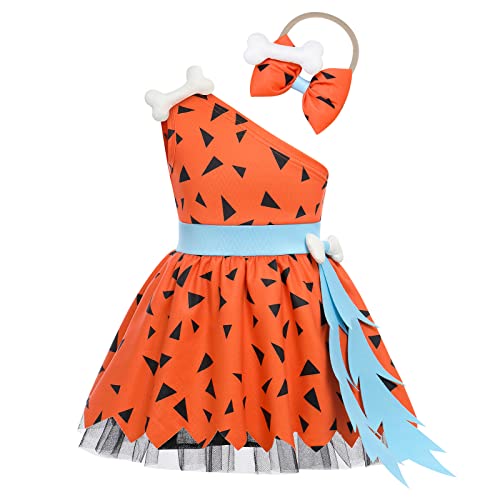 Kleinkind Baby Mädchen Kieselstein Flintstone Kostüm Historische Steinzeit Höhlenmädchen Halloween Carnival Cosplay Eine Schulter Kleid mit Bone Schleife Stirnband 1. Geburtstag Outfit Orange 12-18M von FYMNSI