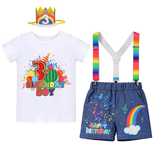 Kleinkind Junge 3. dritter Geburtstag Cake Smash Outfit Wassermelone Regenbogen Drei Jahre alt Party Fotoshooting Requisiten Baumwolle Kurzarm T-Shirt Hosenträger Denim Shorts Mini Krone Hut 4er Set von FYMNSI