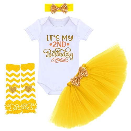 Kleinkinder Baby Mädchen 2. Geburtstag Party Outfit Prinzessin Kleid Baumwolle Kurzarm Strampler Tüll Tütü Rock Pailletten Stirnband Beinwärmer Set 4tlg Fotoshooting Kostüm Geschenk Gelb 2 Jahre von FYMNSI